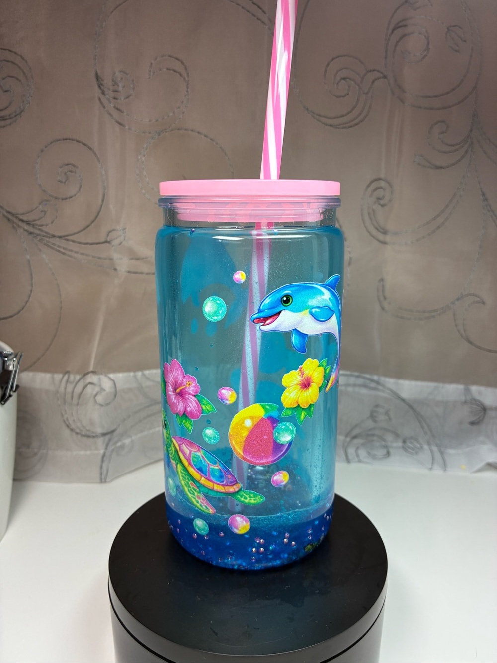 Blue Dolphin & Turtle Beach Tumbler with Pink Lid